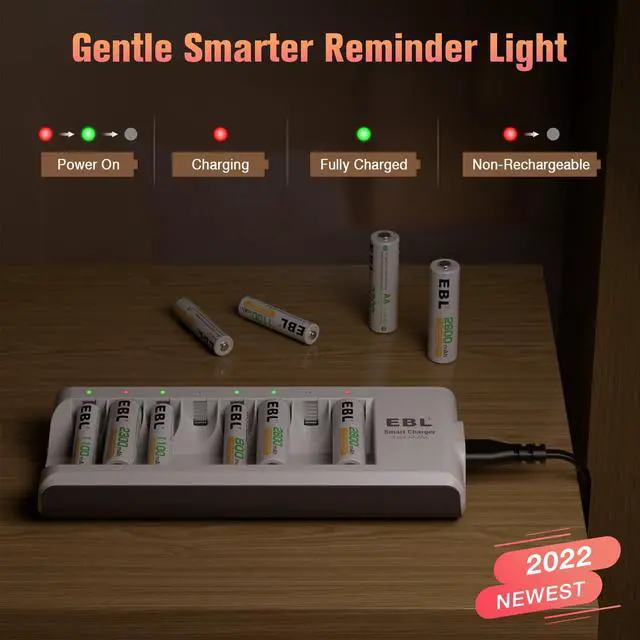 Alt view image 6 of 7 - EBL 8-Pack 1100mAh Rechargeable AAA Batteries + 8 Bay Battery Charger for AA/AAA Ni-MH Ni-CD Batteries
