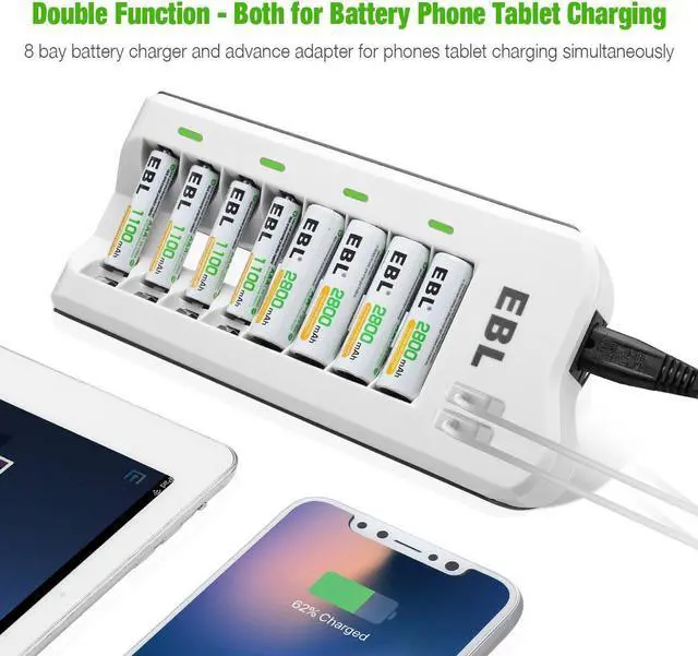 Alt view image 3 of 7 - EBL 16 Pack 1100mAh AAA Rechargeable Batteries + 8 Bay Battery Charger for AA AAA Ni-MH Ni-CD Battery with Dual USB Charging Ports
