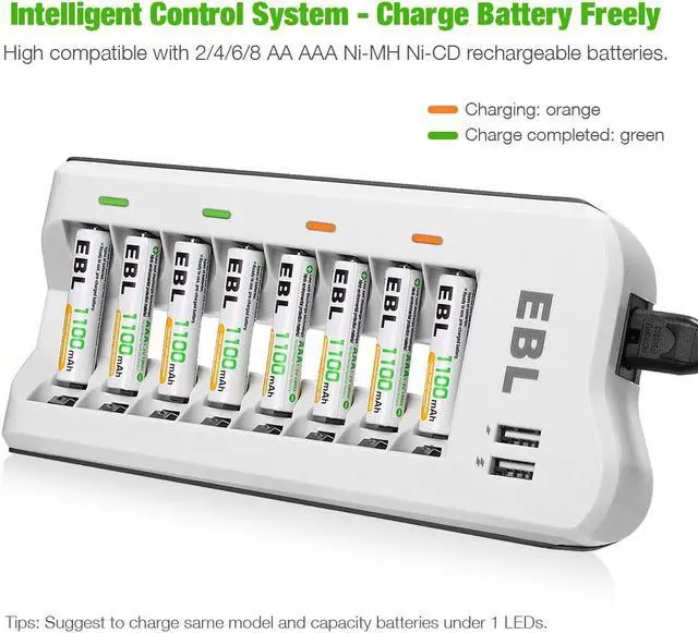 Alt view image 5 of 7 - EBL 16 Pack 1100mAh AAA Rechargeable Batteries + 8 Bay Battery Charger for AA AAA Ni-MH Ni-CD Battery with Dual USB Charging Ports