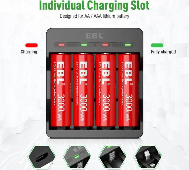 Alt view image 6 of 7 - EBL 4 Pack AA 3000mWh Lithium Rechargeable Batteries + 4-Slot USB Smart Battery Charger for AA AAA Li-Ion Battery
