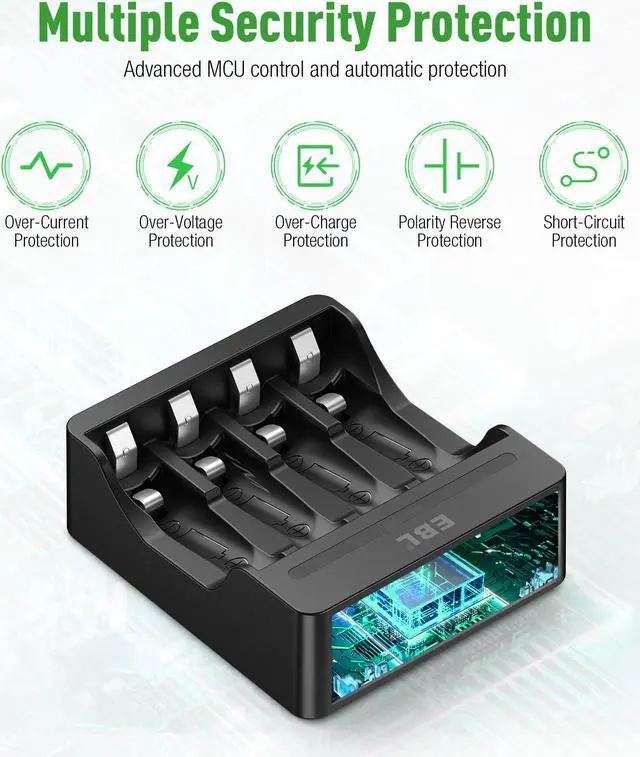 Alt view image 5 of 7 - EBL 4 Pack AA 3000mWh Lithium Rechargeable Batteries + 4-Slot USB Smart Battery Charger for AA AAA Li-Ion Battery