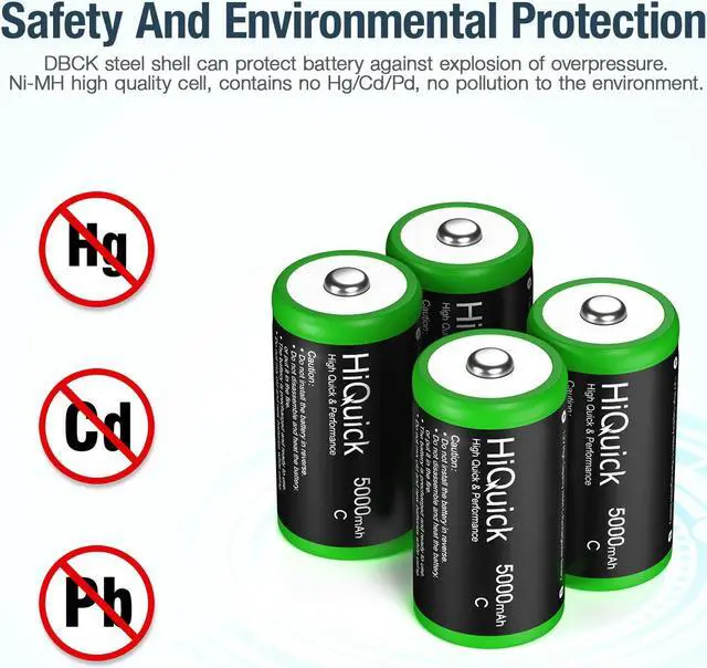 Alt view image 6 of 7 - HiQuick Ni-MH C Size Rechargeable Batteries 5000mAh - 1.2V High Capacity C Batteries, Pack of 4