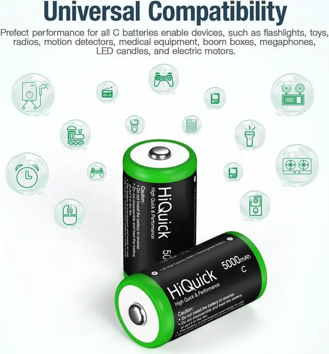 Alt view image 4 of 7 - HiQuick Ni-MH C Size Rechargeable Batteries 5000mAh - 1.2V High Capacity C Batteries, Pack of 4