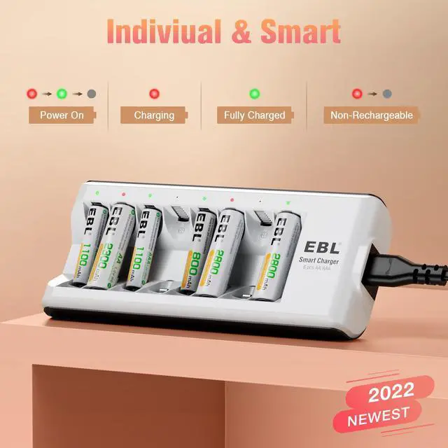 Alt view image 5 of 7 - EBL 8 Pack Rechargeable AAA Batteries 800mAh NiMH Battery with Smart 8-Slot Battery Charger for AA AAA Battery