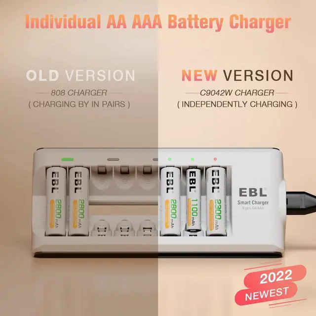 Alt view image 2 of 7 - EBL 8 Pack Rechargeable AAA Batteries 800mAh NiMH Battery with Smart 8-Slot Battery Charger for AA AAA Battery