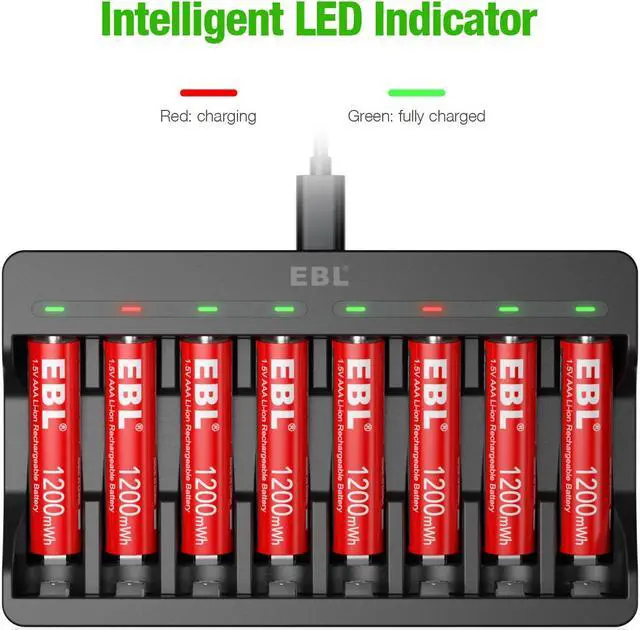 Alt view image 4 of 7 - EBL 8 Pack Rechargeable AAA Batteries 1200mWh with 8 Bay Smart Battery Charger for AA AAA Lithium Batteries