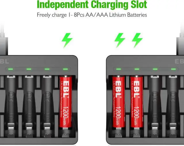 Alt view image 3 of 7 - EBL 8 Pack Rechargeable AAA Batteries 1200mWh with 8 Bay Smart Battery Charger for AA AAA Lithium Batteries