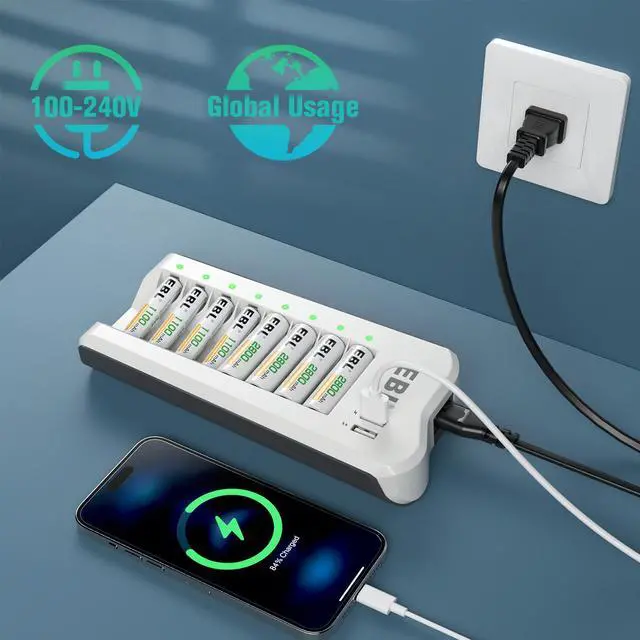 Alt view image 5 of 7 - EBL Smart 8 Bay Individual Battery Charger for AA AAA NiMH NiCD Rechargeable Batteries Build-in 2 USB Fast Charging Ports