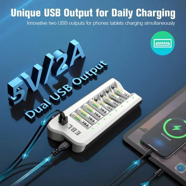 Alt view image 3 of 7 - EBL Smart 8 Bay Individual Battery Charger for AA AAA NiMH NiCD Rechargeable Batteries Build-in 2 USB Fast Charging Ports