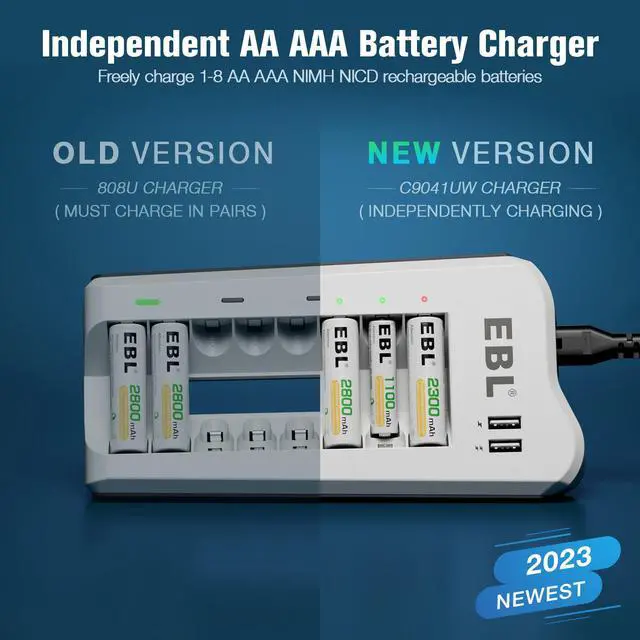 Alt view image 2 of 7 - EBL Smart 8 Bay Individual Battery Charger for AA AAA NiMH NiCD Rechargeable Batteries Build-in 2 USB Fast Charging Ports