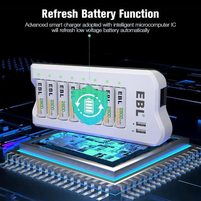 Alt view image 6 of 7 - EBL Smart 8 Bay Individual Battery Charger for AA AAA NiMH NiCD Rechargeable Batteries Build-in 2 USB Fast Charging Ports