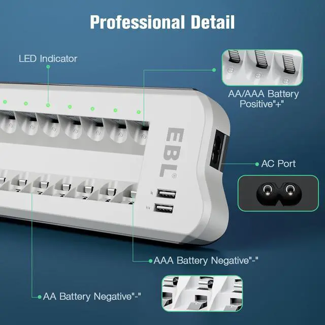 Alt view image 7 of 7 - EBL Smart 8 Bay Individual Battery Charger for AA AAA NiMH NiCD Rechargeable Batteries Build-in 2 USB Fast Charging Ports