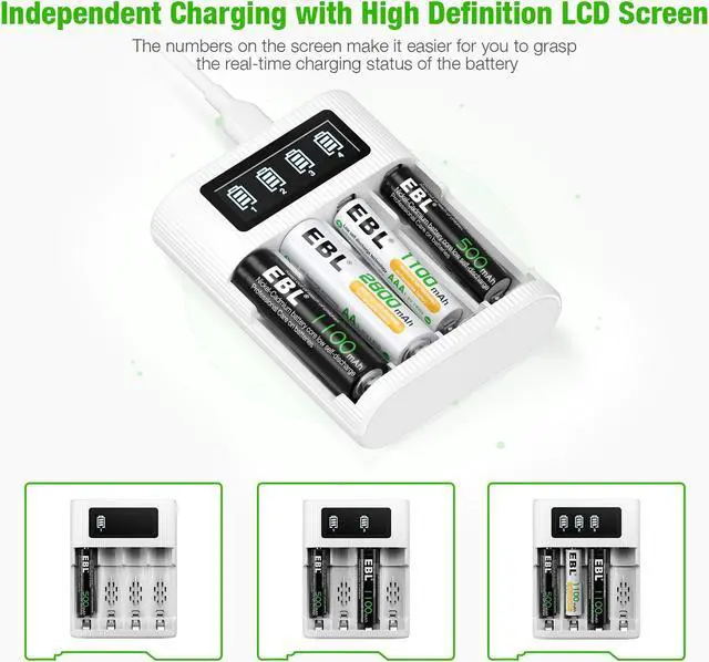 Alt view image 2 of 7 - EBL AA AAA Rechargeable Battery 8 Counts with Battery Charger - LCD Smart Charger with 4pcs 1.2V 2800mAh AA Rechargeable Battery and 4pcs 1100mAh AAA Batteries
