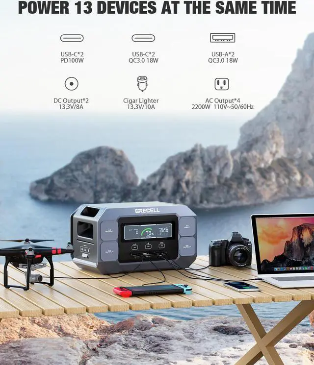 Alt view image 2 of 6 - GRECELL Portable Power Station 2200W Solar Generator 1126Wh LiFePO4 Battery Pack, 1.25Hrs Fast Charging, with 4 2200W (4800W Peak) AC Outlets, Generator for Home Use Outdoor Camping Emergency