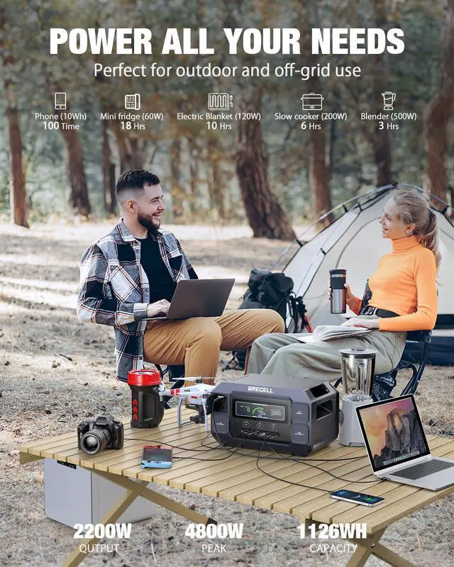 Alt view image 4 of 6 - GRECELL Portable Power Station 2200W Solar Generator 1126Wh LiFePO4 Battery Pack, 1.25Hrs Fast Charging, with 4 2200W (4800W Peak) AC Outlets, Generator for Home Use Outdoor Camping Emergency