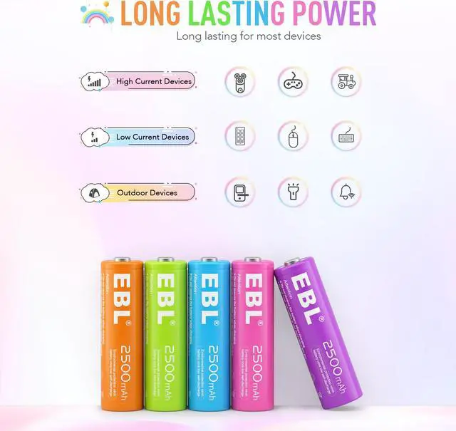 Alt view image 6 of 7 - EBL 10-Pack AA Rechargeable Batteries Rainbow 2500mAh with 1200 Deep Cycle for Camera Flashlight with Battery Case