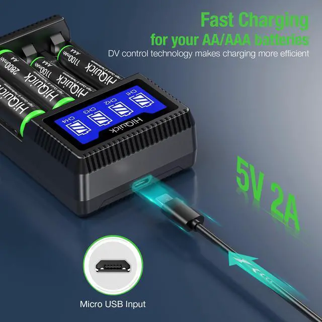 Alt view image 4 of 7 - HiQuick Rechargeable AA AAA Batteries with Charger, 2800mAh AA Batteries (4 Pack) & 1100mAh AAA Batteries (4 Pack) with 5V 2A USB Fast Charging AA AAA Battery Charger