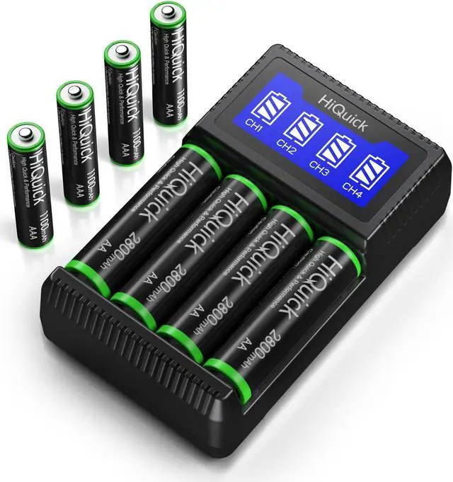 Main image of HiQuick Rechargeable AA AAA Batteries with Charger, 2800mAh AA Batteries (4 Pack) & 1100mAh AAA Batteries (4 Pack) with 5V 2A USB Fast Charging AA AAA Battery Charger