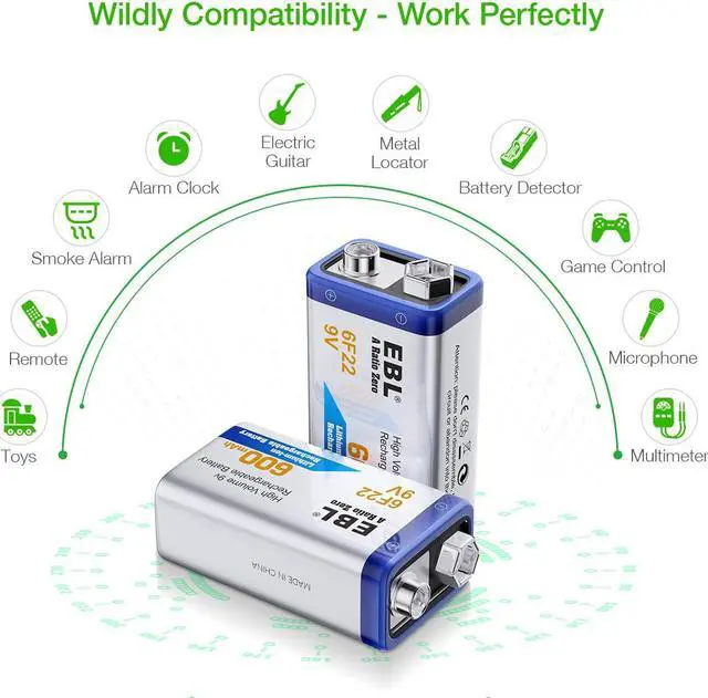 Alt view image 7 of 7 - EBL 9V Rechargeable Batteries 9 Volt Lithium ion 600mAh Li-ion Batteries 4-Pack