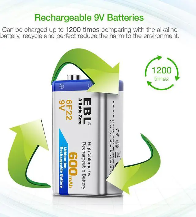 Alt view image 4 of 7 - EBL 9V Rechargeable Batteries 9 Volt Lithium ion 600mAh Li-ion Batteries 4-Pack