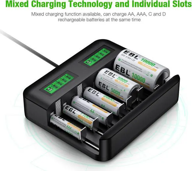 Alt view image 3 of 7 - EBL Battery Charger for AA/AAA/C/D Rechargeable Battery with 1.2V NiMH Rechargeable AA Battery 2800mAh(4pcs) and 1100mAh AAA Battery(4pcs) Combo