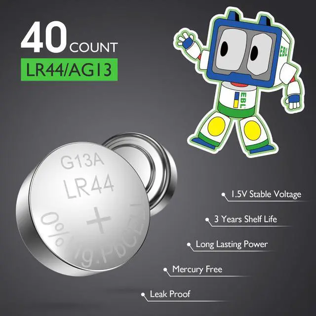 Alt view image 4 of 7 - EBL LR44 AG13 357 SR44 303 A76 Battery 1.5V Button Alkaline Coin Cell Batteries - 40 Pack