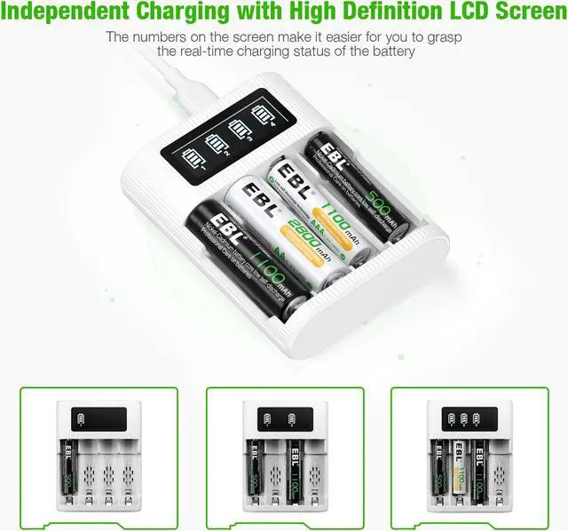 Alt view image 2 of 7 - EBL 8 Pack 2800mAh Rechargeable AA Batteries and USB Type-C Battery Charger with LCD Screen for AA AAA Batteries