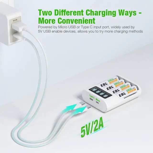 Alt view image 3 of 7 - EBL 8 Pack 2800mAh Rechargeable AA Batteries and USB Type-C Battery Charger with LCD Screen for AA AAA Batteries