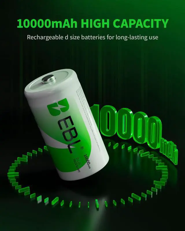 Alt view image 5 of 7 - EBL 8 Pack Size D Battery 10000mAh High Capacity High Rate Ni-MH Rechargeable Batteries