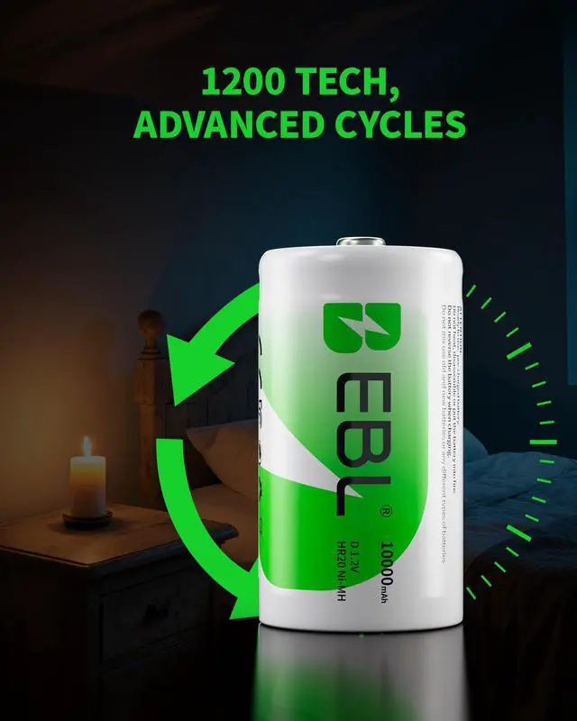 Alt view image 6 of 7 - EBL 8 Pack Size D Battery 10000mAh High Capacity High Rate Ni-MH Rechargeable Batteries