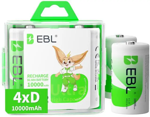 Main image of EBL 4 Pack Size D Battery 1.2V 10000mAh Ni-MH Rechargeable Batteries