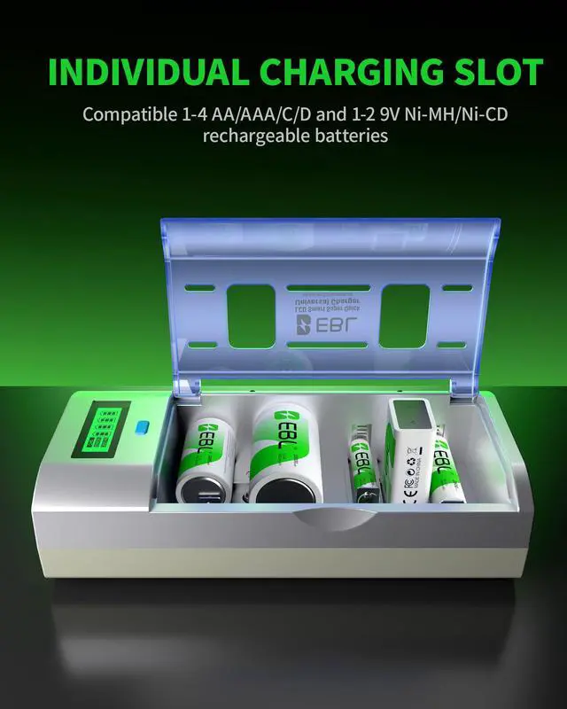 Alt view image 5 of 7 - EBL 6 Pack 10000mAh 1.2V Size D Batteries with LCD Battery Charger For 9V C D AA AAA Ni-MH Ni-CD Rechargeable Batteries