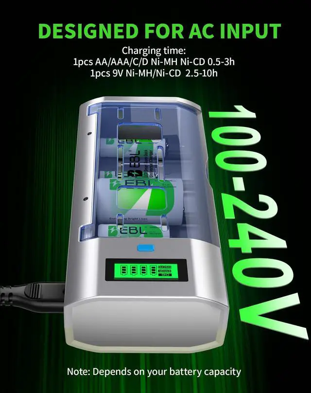 Alt view image 6 of 7 - EBL 6 Pack 10000mAh 1.2V Size D Batteries with LCD Battery Charger For 9V C D AA AAA Ni-MH Ni-CD Rechargeable Batteries