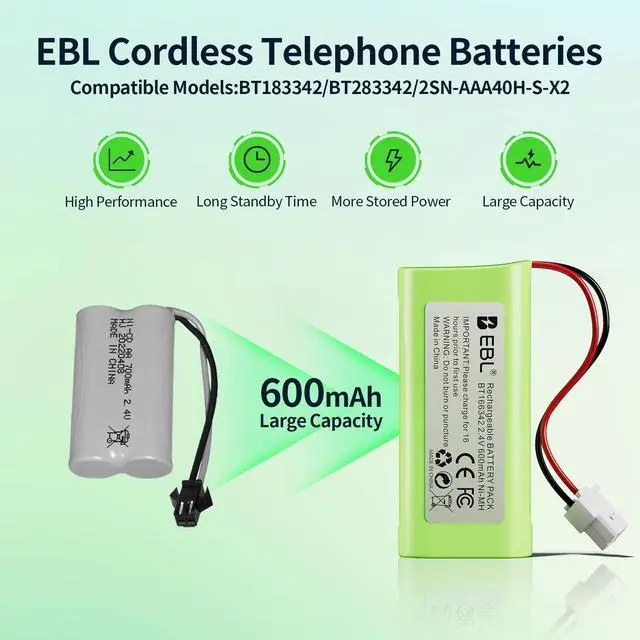 Alt view image 2 of 6 - EBL 4pcs Battery Pack BT183342 BT283342 BT162342 For Vtech AT&T Home Cordless Phone