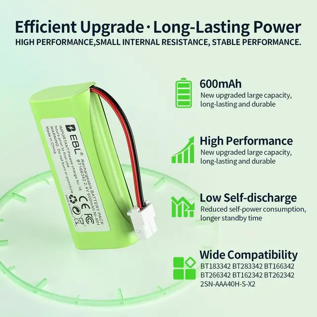 Alt view image 4 of 6 - EBL 4pcs Battery Pack BT183342 BT283342 BT162342 For Vtech AT&T Home Cordless Phone