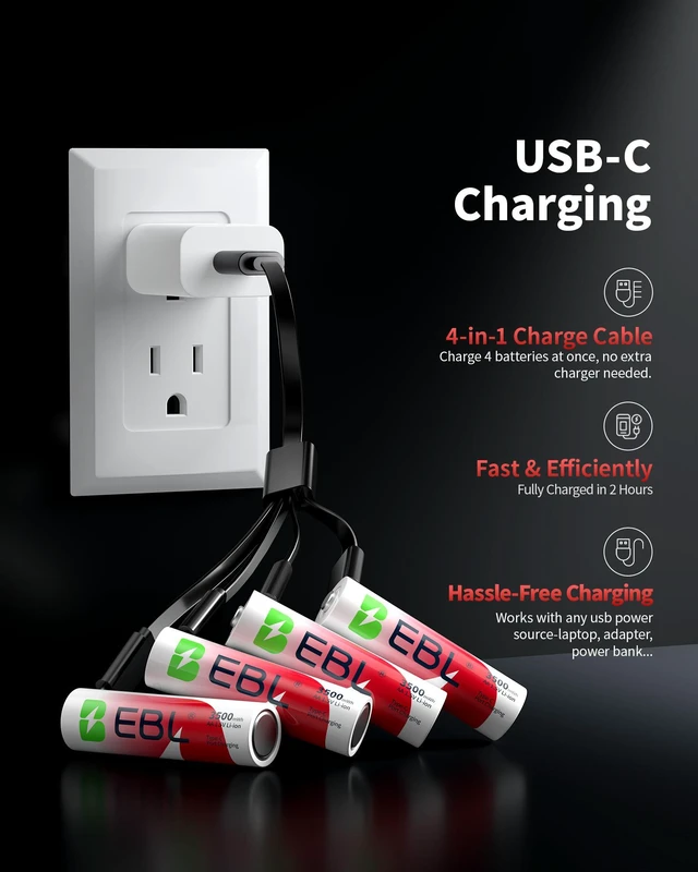 Alt view image 3 of 5 - EBL 4 Pcs 3300mWh AA 1.5v Li-ion Rechargeable Batteries Double A Lithium Battery with 4 in 1 Micro USB Charging Cable