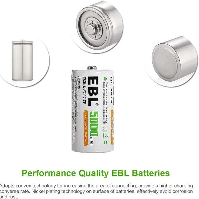 Alt view image 5 of 7 - EBL 6 Pack Size C R14 Battery 5000mAh 1.2v Ni-MH Rechargeable Batteries