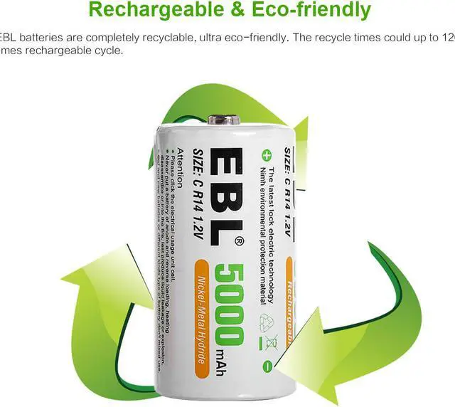 Alt view image 4 of 7 - EBL 8 Pack 1.2v Size C R14 Battery Ni-MH 5000mAh Rechargeable Batteries