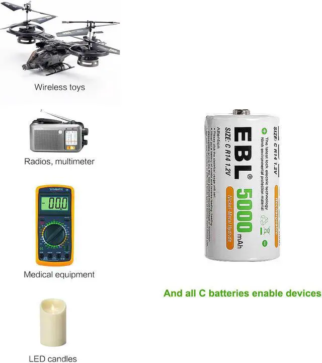 Alt view image 7 of 7 - EBL 8 Pack 1.2v Size C R14 Battery Ni-MH 5000mAh Rechargeable Batteries