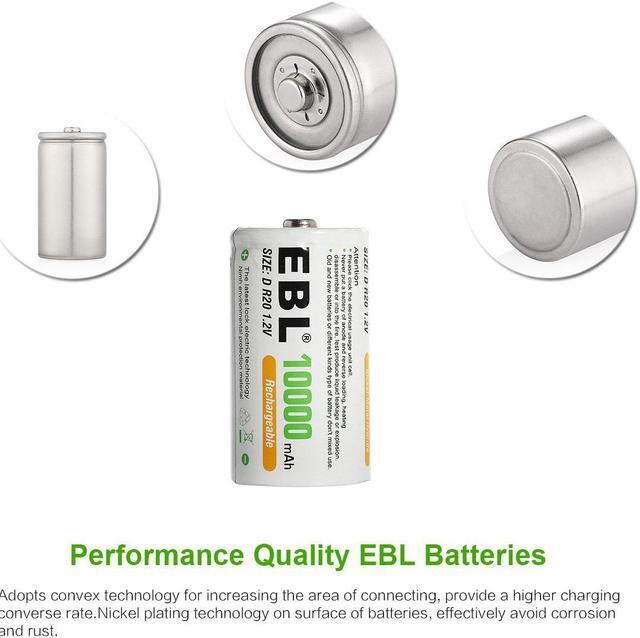 Alt view image 2 of 6 - EBL 4 Pack Size D Battery 1.2V 10000mAh Ni-MH Rechargeable Batteries