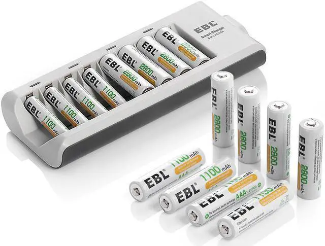Alt view image 2 of 7 - EBL 4 Pack 2800mAh AA Battery + 4 Pack 1100mAh AAA Battery + 8 Bay Battery Charger for AA AAA Ni-MH Ni-CD Rechargeable Batteries