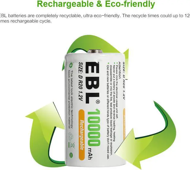Alt view image 5 of 7 - EBL 4 Pack 10000mAh Size D Battery with Battery Charger for C D 9V AA AAA Rechargeable Batteries