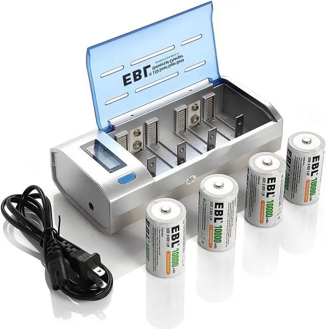 Main image of EBL 4 Pack 10000mAh Size D Battery with Battery Charger for C D 9V AA AAA Rechargeable Batteries