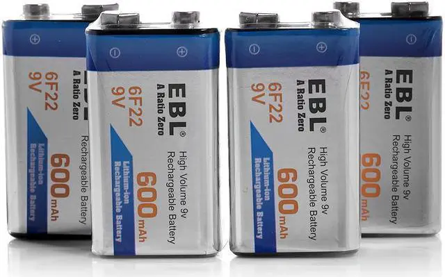 Alt view image 4 of 7 - EBL 4 Pack 6F22 Lithium Battery 600mAh 9V Li-ion Rechargeable Batteries + USB Battery Charger for 9V Li-ion Rechargeable Batteries Battery 9 Volt 6F22