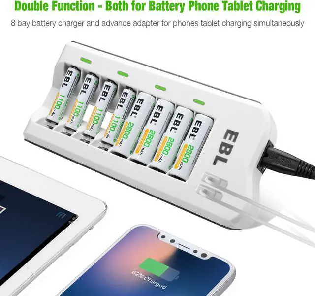 Alt view image 3 of 7 - EBL 8 Bay Battery Charger For AA AAA Ni-MH Ni-CD Rechargeable Batteries with Dual USB Charging Ports