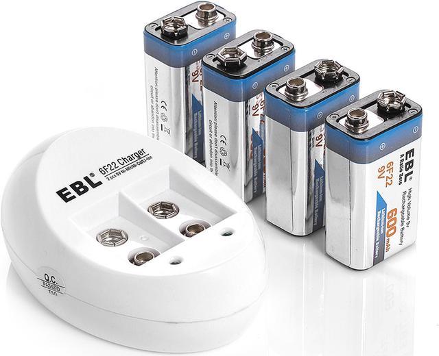 EBL 4 Pack 6F22 Lithium Battery 600mAh 9V Li-ion Rechargeable Batteries +  USB Battery Charger for 9V Li-ion Rechargeable Batteries Battery 9 Volt  6F22 