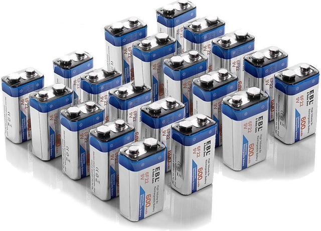EBL 6F22 9V 600mAh Li-Ion Battery Rechargeable Batteries 9 Volt High Volume  Battery for Electric Guitar, Remote Controls etc (20 Pack ) 