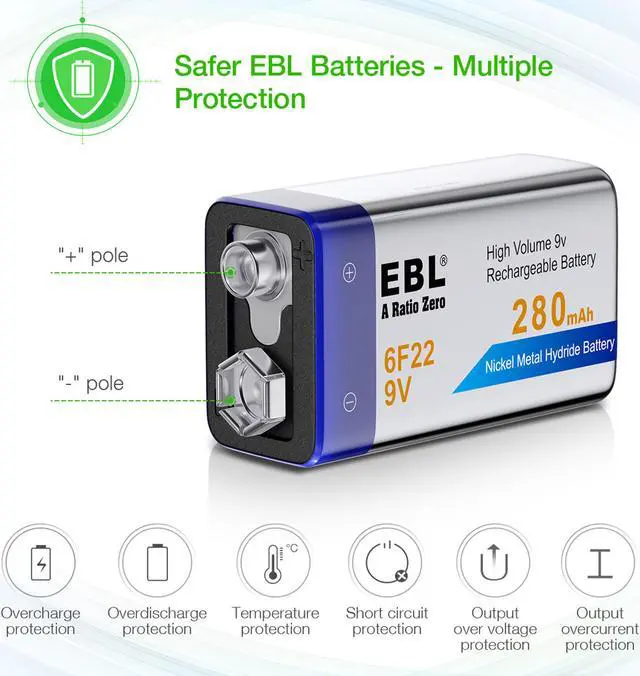 Alt view image 3 of 7 - EBL 10 Pack 6F22 9V 280mAh Ni-MH Rechargeable Batteries