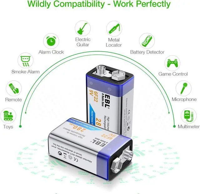 Alt view image 6 of 7 - EBL 10 Pack 6F22 9V 280mAh Ni-MH Rechargeable Batteries