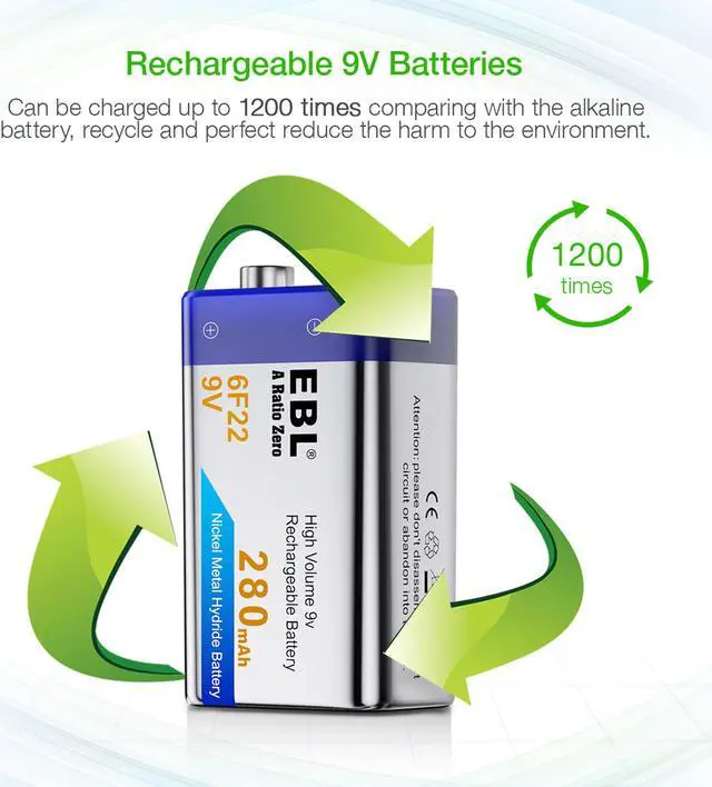 Alt view image 4 of 7 - EBL 4 Pcs 6F22 9V 280mAh Ni-MH Rechargeable Batteries
